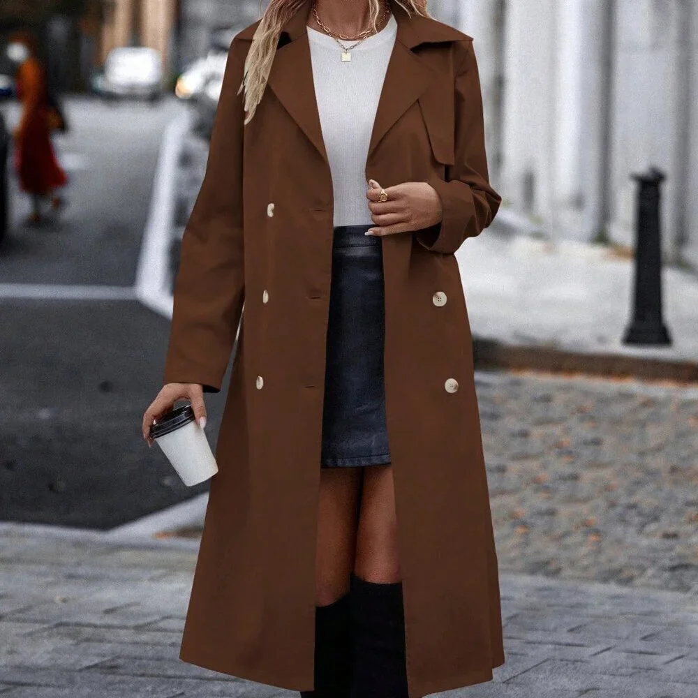 Chocolate Brown Casual Elegant Women's Double-Breasted Cinched Waist Trench Coat